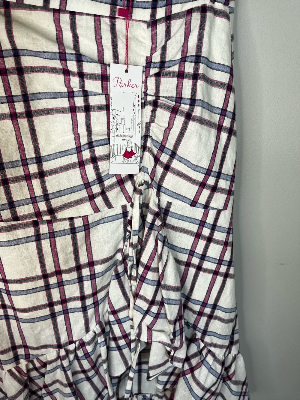 NWT Parker Linen-Cotton Plaid Hi-Low Ruffled Shirred Women’s Size 8 - Picture 4 of 12
